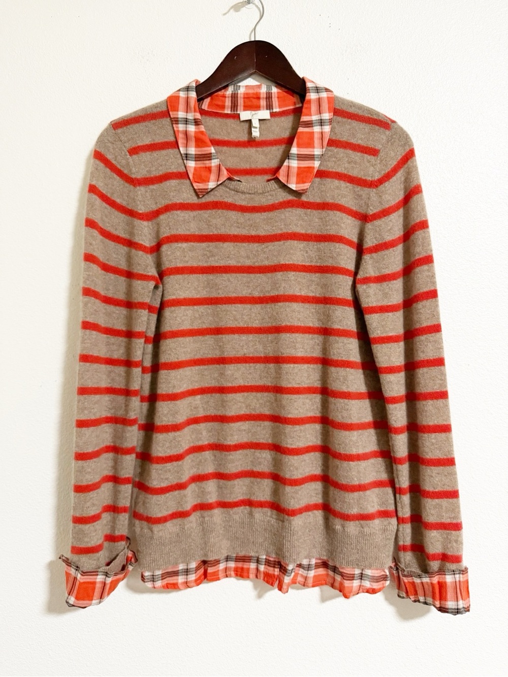 Joie Striped Plaid Trim Cashmere Sweater Size L